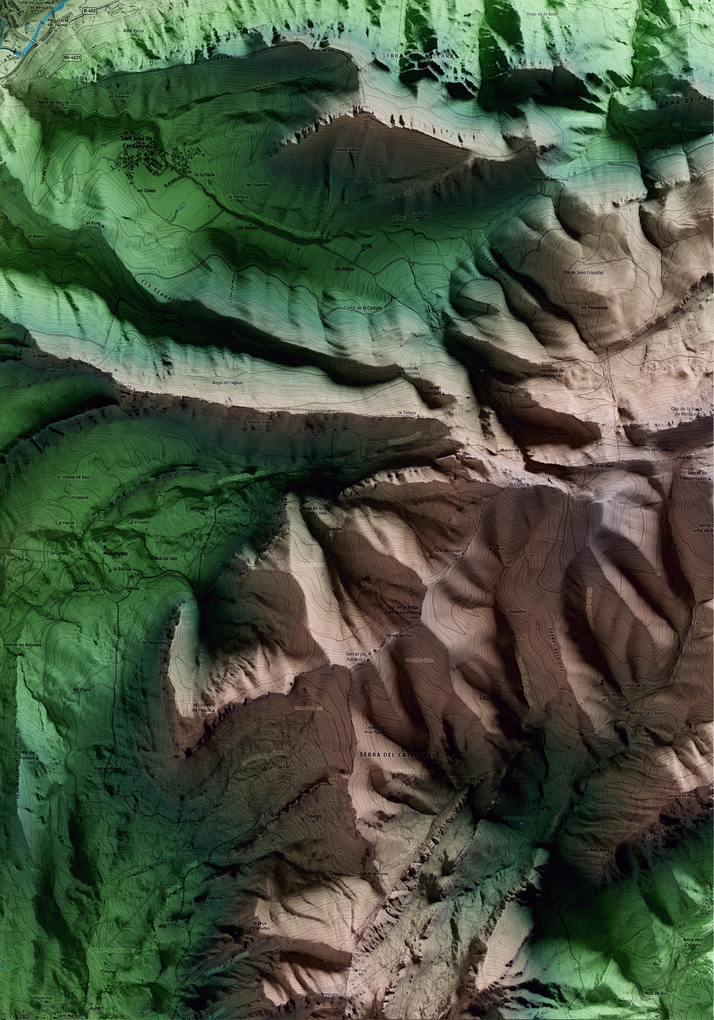 Mapa artístico del relieve de Guardiola de Berguedà, al Berguedà, con 15 km de entorno y base topográfica ICGC. Detalle de la zona inferior derecha.