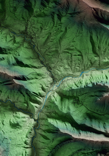 Mapa artístico del relieve de Guardiola de Berguedà, al Berguedà, con 15 km de entorno y base topográfica ICGC. Detalle de la zona central.
