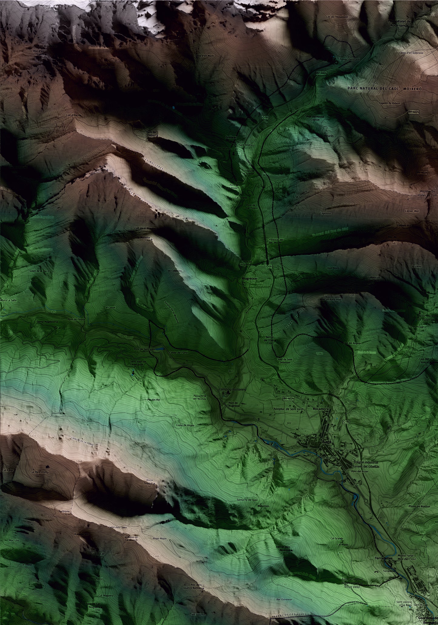Mapa artístico del relieve de Guardiola de Berguedà, al Berguedà, con 15 km de entorno y base topográfica ICGC. Detalle de la zona superior izquierda.