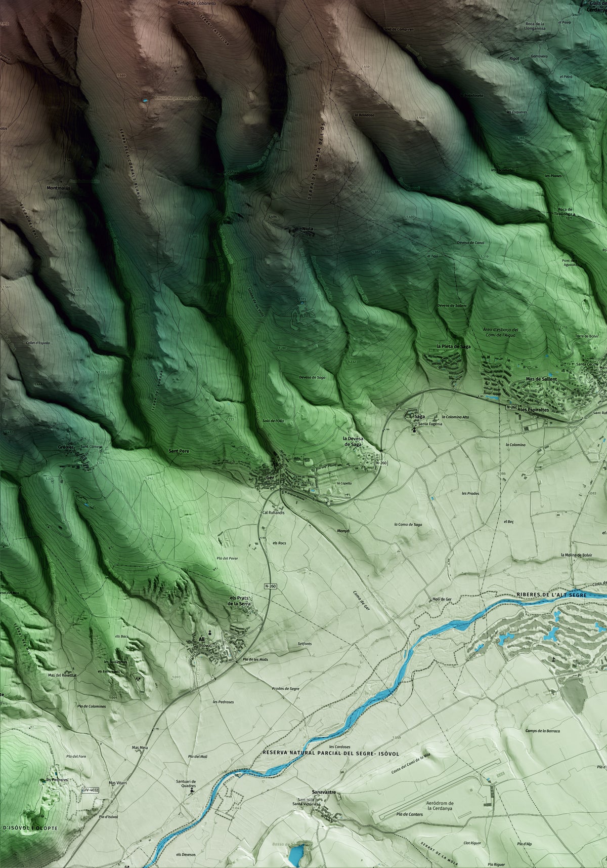 Mapa artístico del relieve de Guils de Cerdanya, a la Cerdanya, con 15 km de entorno y base topográfica ICGC. Detalle de la zona inferior izquierda.