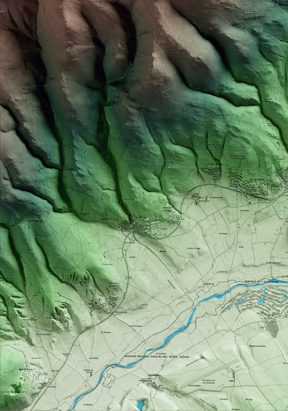 Mapa artístico del relieve de Guils de Cerdanya, a la Cerdanya, con 15 km de entorno y base topográfica ICGC. Detalle de la zona inferior izquierda.