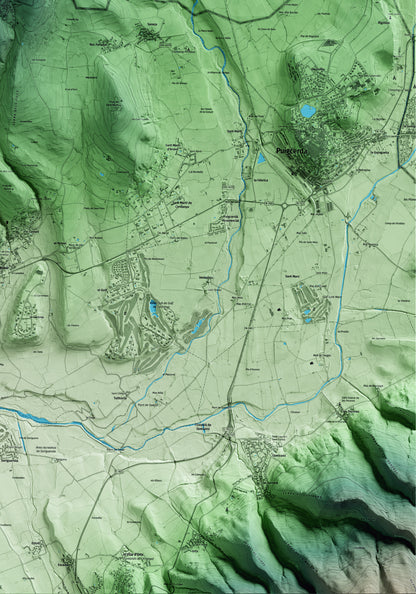 Mapa artístico del relieve de Guils de Cerdanya, a la Cerdanya, con 15 km de entorno y base topográfica ICGC. Detalle de la zona inferior derecha.