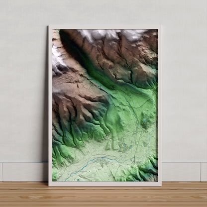 Mapa artístico del relieve de Guils de Cerdanya, a la Cerdanya, con 15 km de entorno y base topográfica ICGC. Presentación enmarcada.