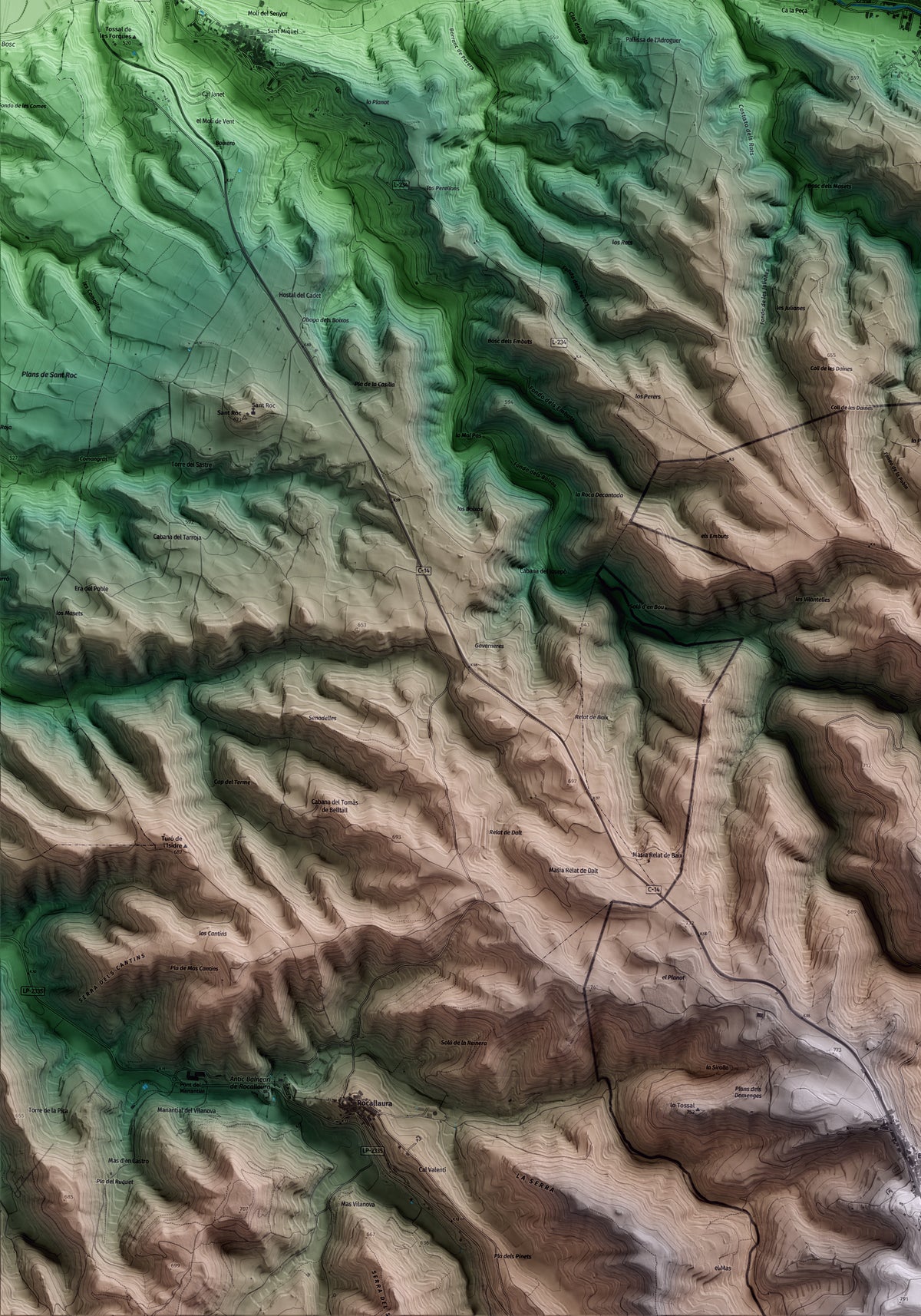 Mapa artístico del relieve de Guimerà, al Urgell, con 15 km de entorno y base topográfica ICGC. Detalle de la zona inferior izquierda.