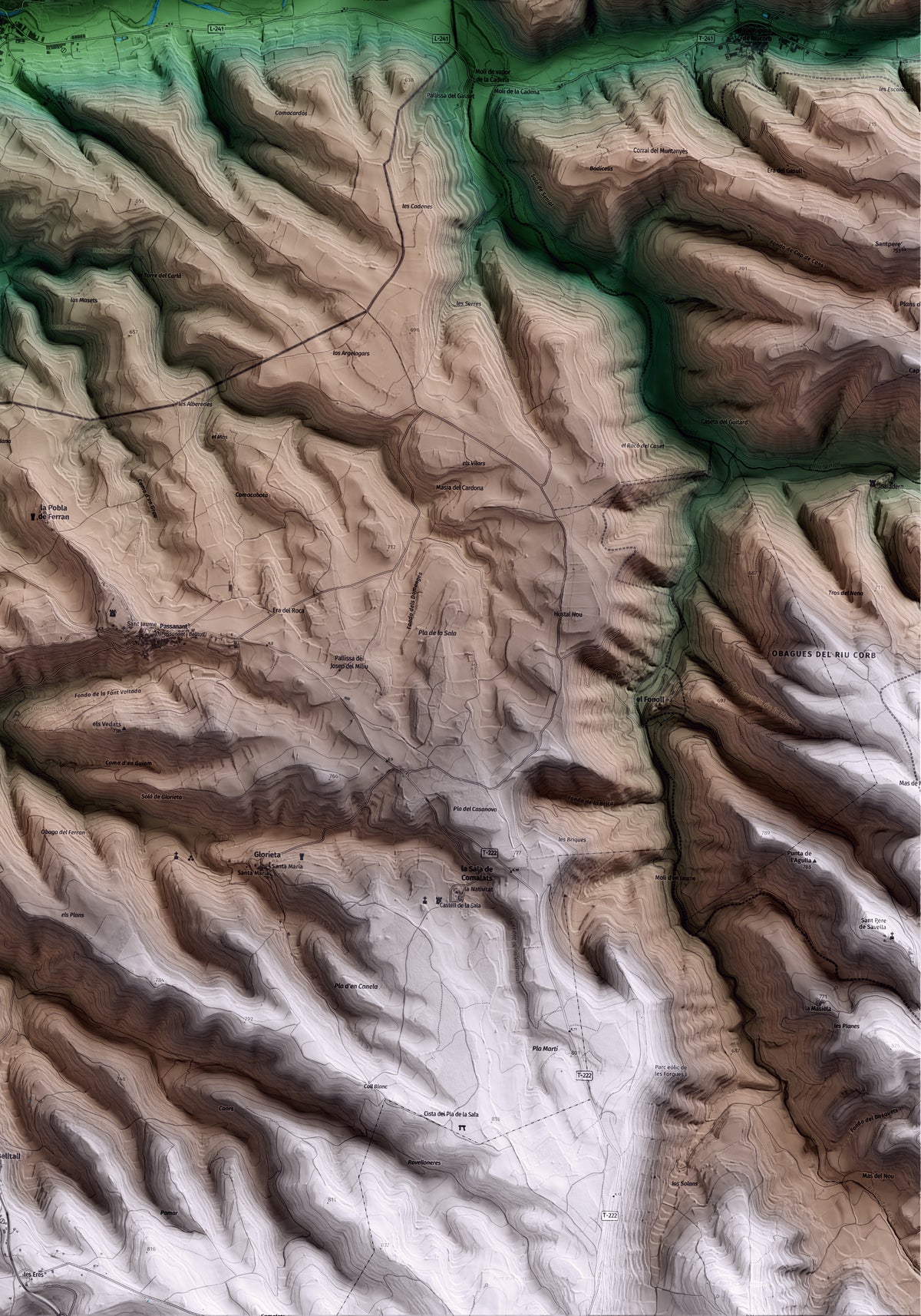 Mapa artístico del relieve de Guimerà, al Urgell, con 15 km de entorno y base topográfica ICGC. Detalle de la zona inferior derecha.