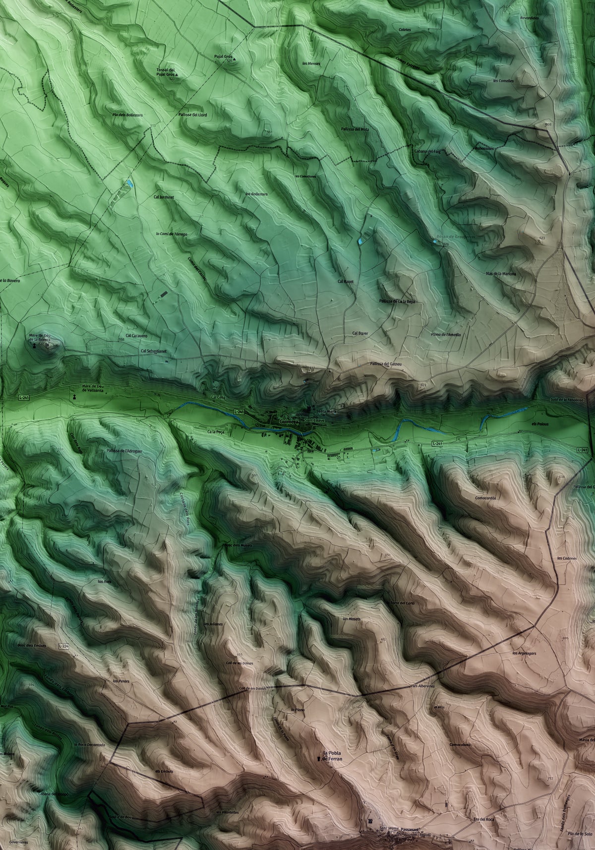 Mapa artístico del relieve de Guimerà, al Urgell, con 15 km de entorno y base topográfica ICGC. Detalle de la zona central.
