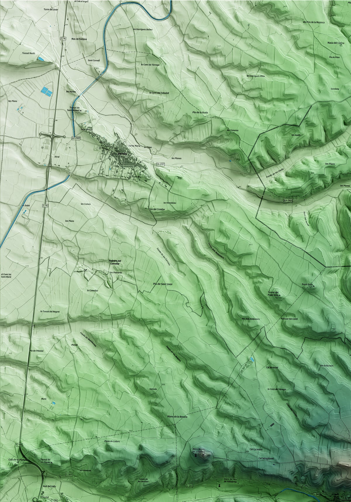 Mapa artístico del relieve de Guimerà, al Urgell, con 15 km de entorno y base topográfica ICGC. Detalle de la zona superior izquierda.