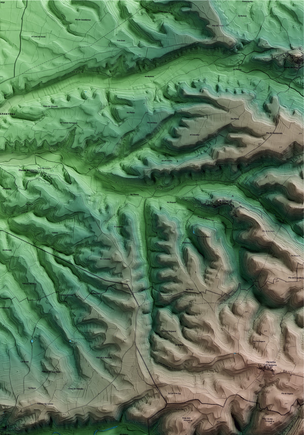 Mapa artístico del relieve de Guimerà, al Urgell, con 15 km de entorno y base topográfica ICGC. Detalle de la zona superior derecha.