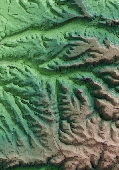Mapa artístico del relieve de Guimerà, al Urgell, con 15 km de entorno y base topográfica ICGC. Detalle de la zona superior derecha.