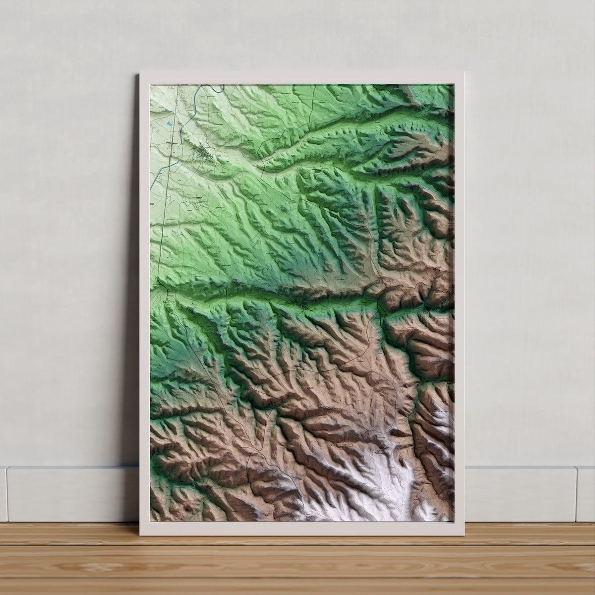Mapa artístico del relieve de Guimerà, al Urgell, con 15 km de entorno y base topográfica ICGC. Presentación enmarcada.
