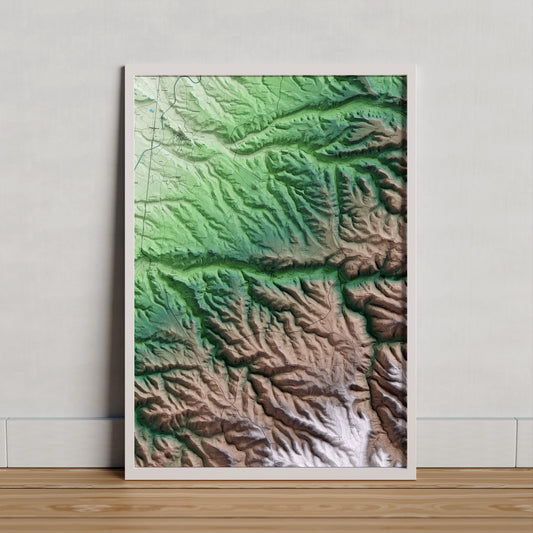 Mapa artístico del relieve de Guimerà, al Urgell, con 15 km de entorno y base topográfica ICGC. Presentación enmarcada.