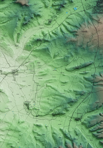 Mapa artístico del relieve de Guissona, a la Segarra, con 15 km de entorno y base topográfica ICGC. Detalle de la zona inferior izquierda.