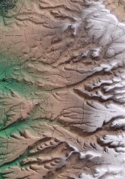 Mapa artístico del relieve de Guissona, a la Segarra, con 15 km de entorno y base topográfica ICGC. Detalle de la zona inferior derecha.