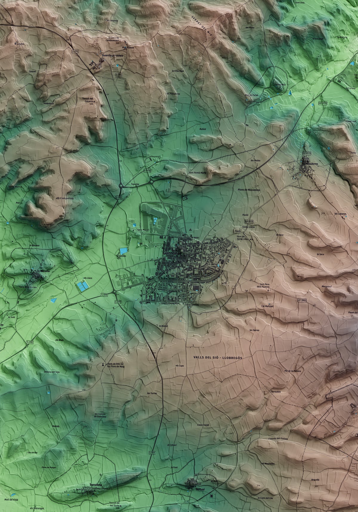 Mapa artístico del relieve de Guissona, a la Segarra, con 15 km de entorno y base topográfica ICGC. Detalle de la zona central.