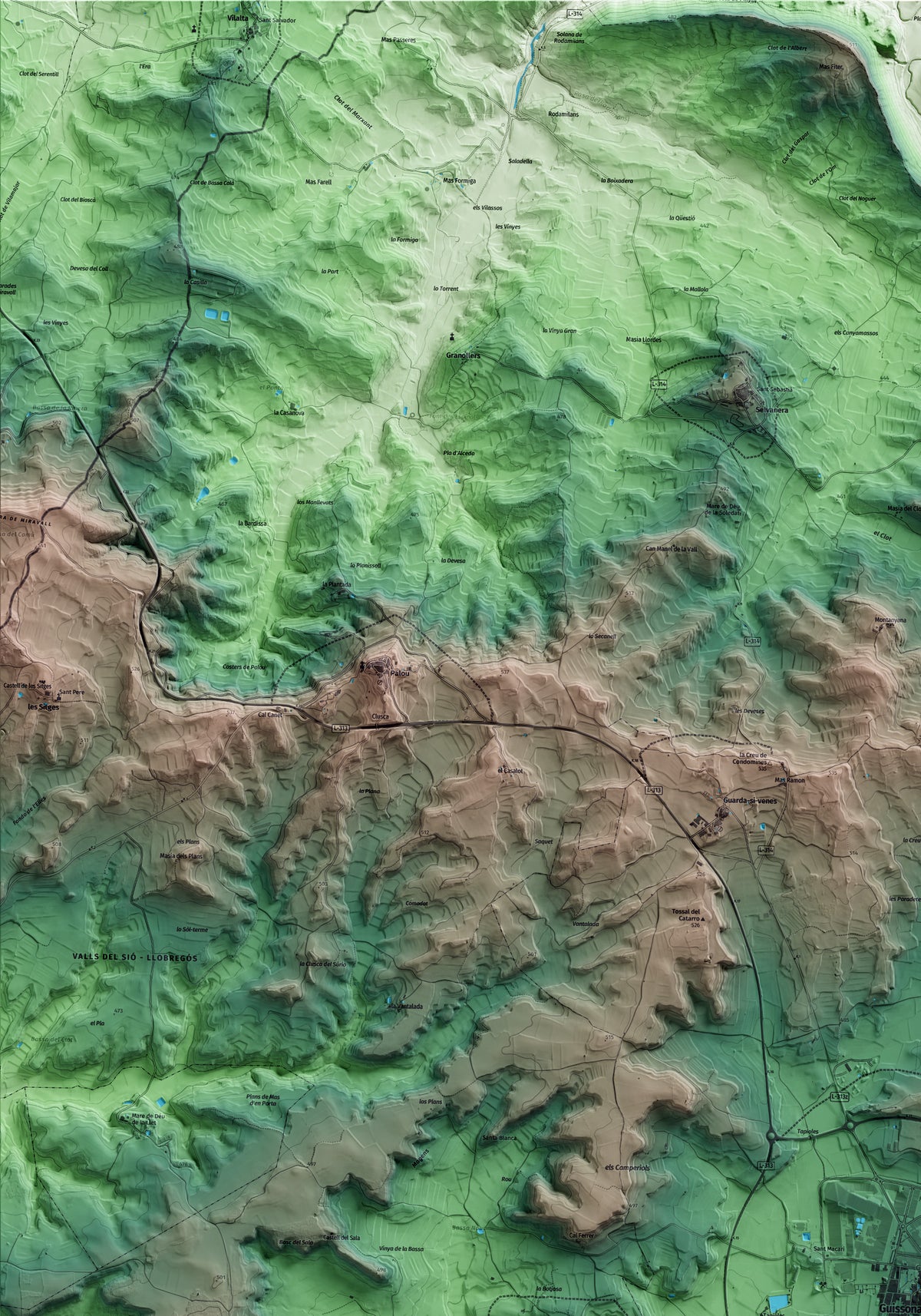 Mapa artístico del relieve de Guissona, a la Segarra, con 15 km de entorno y base topográfica ICGC. Detalle de la zona superior izquierda.