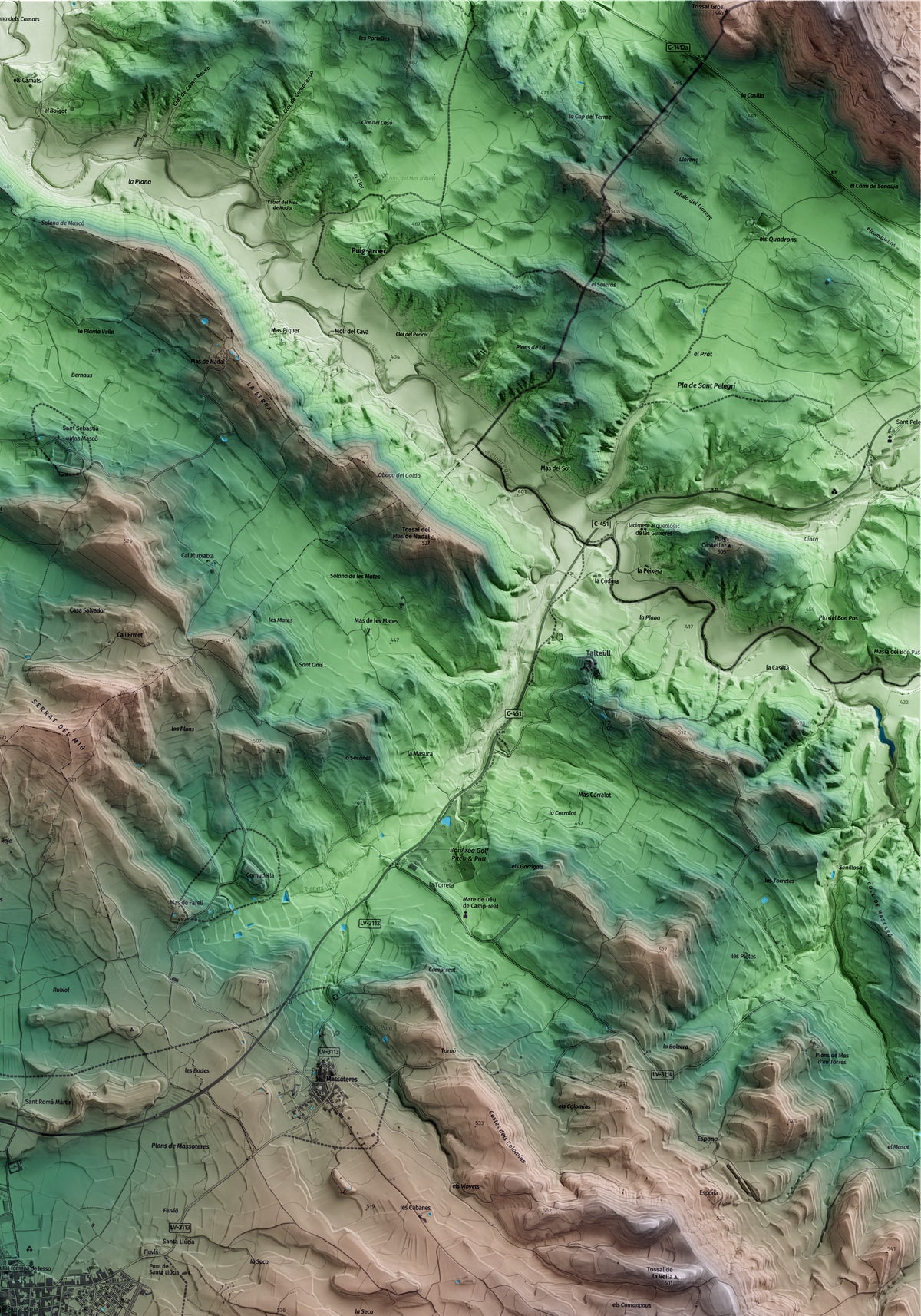 Mapa artístico del relieve de Guissona, a la Segarra, con 15 km de entorno y base topográfica ICGC. Detalle de la zona superior derecha.