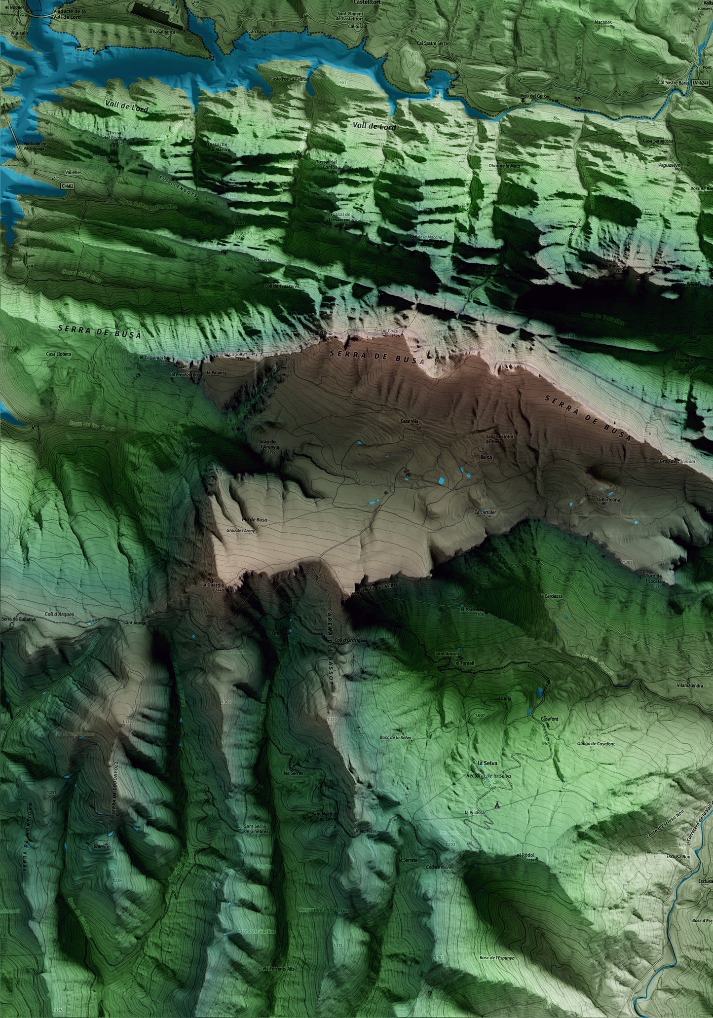 Mapa artístico del relieve de Guixers, al Solsonès, con 15 km de entorno y base topográfica ICGC. Detalle de la zona inferior izquierda.