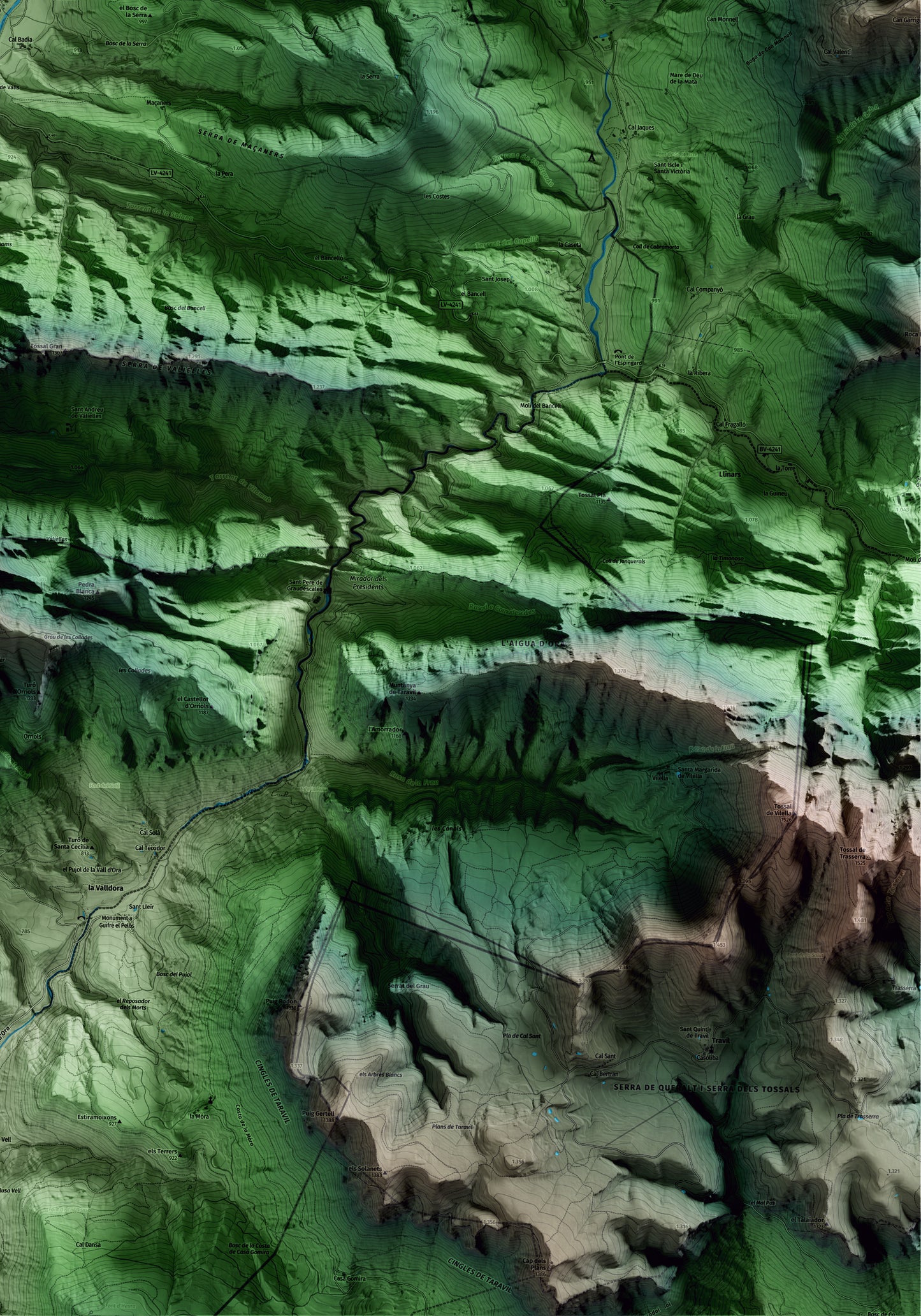 Mapa artístico del relieve de Guixers, al Solsonès, con 15 km de entorno y base topográfica ICGC. Detalle de la zona inferior derecha.