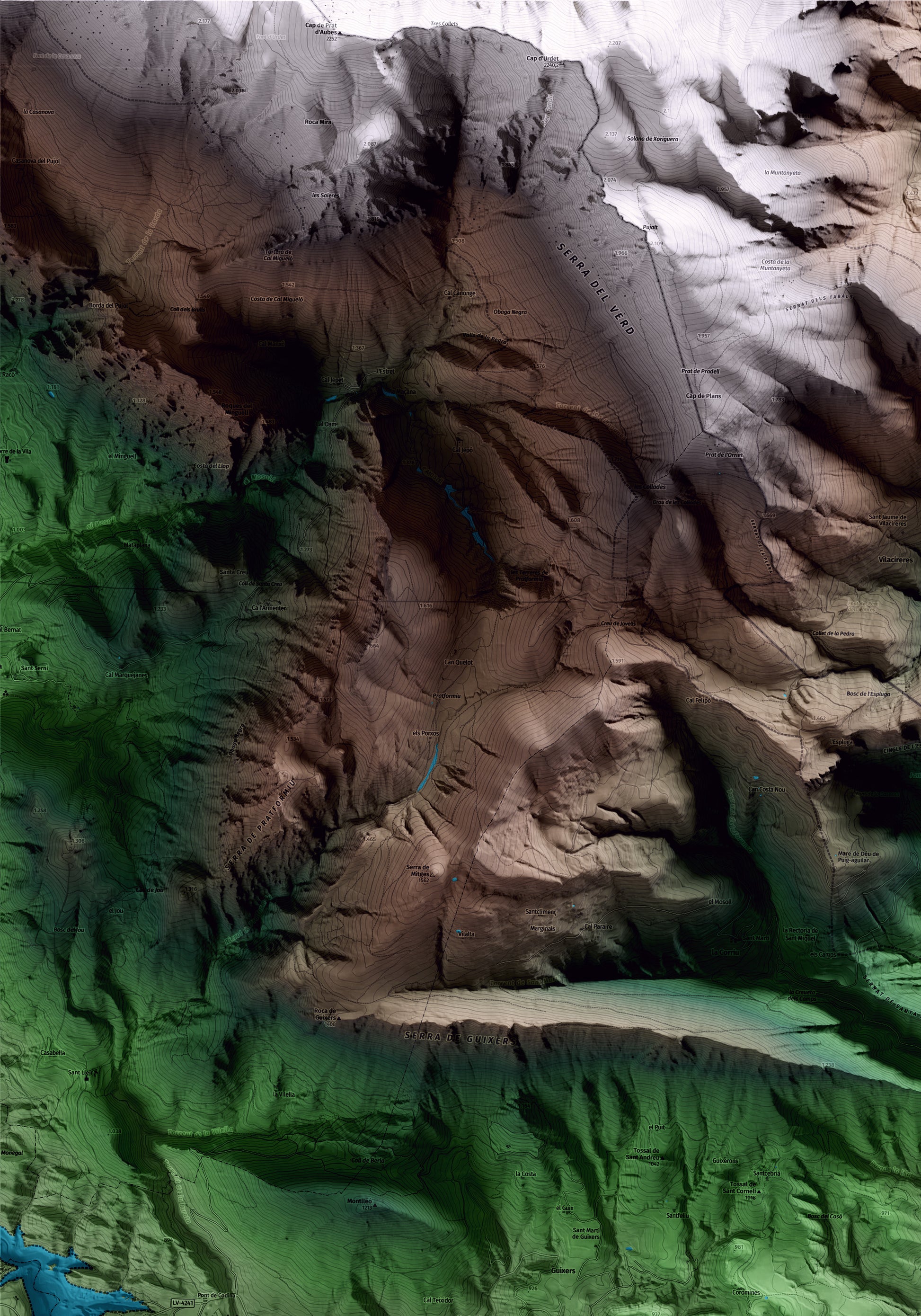 Mapa artístico del relieve de Guixers, al Solsonès, con 15 km de entorno y base topográfica ICGC. Detalle de la zona superior izquierda.