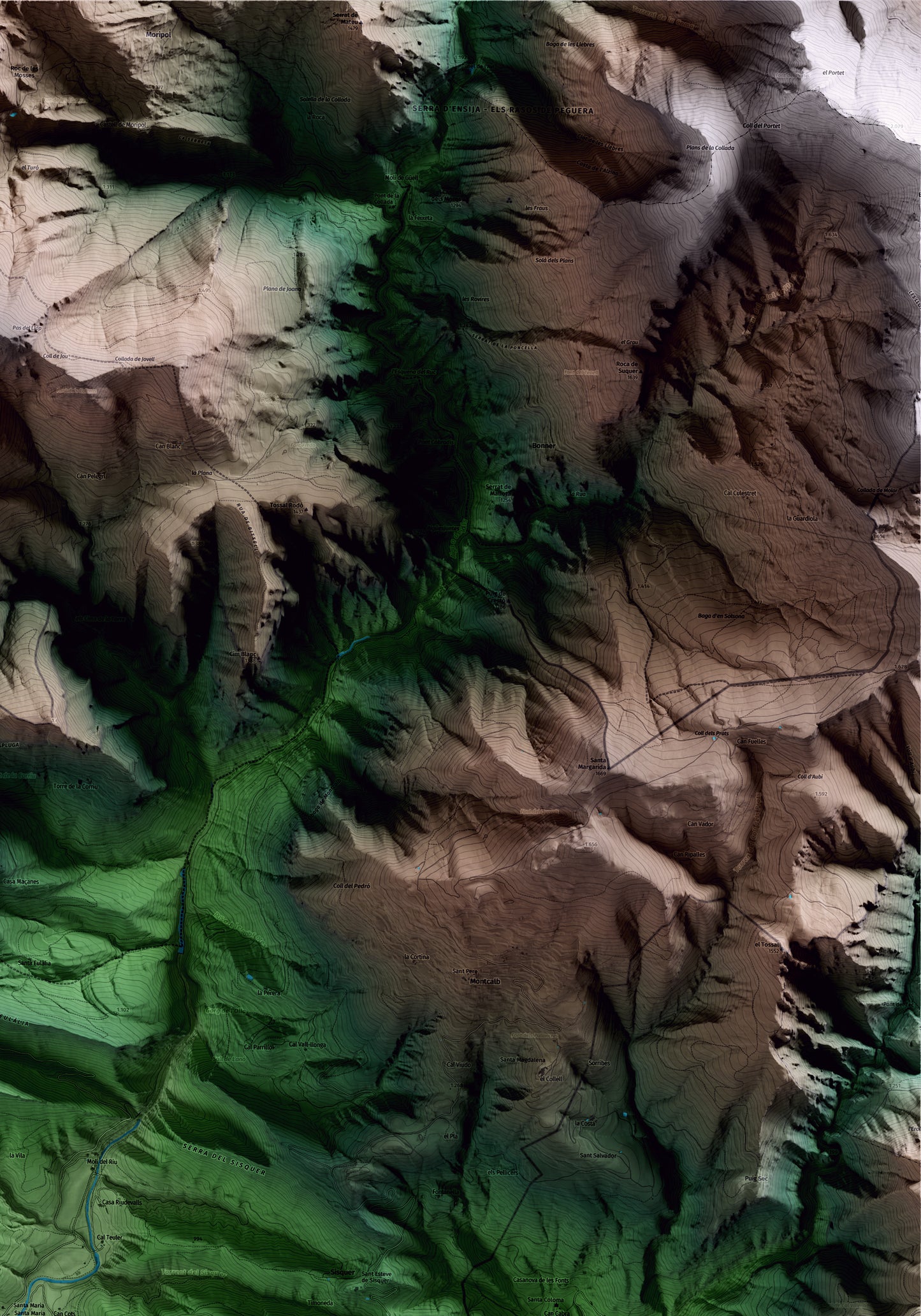 Mapa artístico del relieve de Guixers, al Solsonès, con 15 km de entorno y base topográfica ICGC. Detalle de la zona superior derecha.