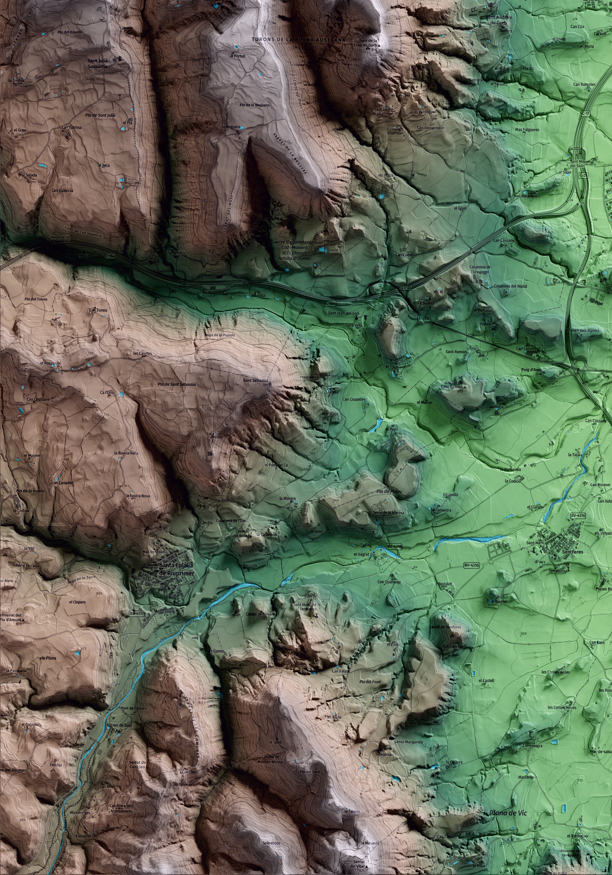 Mapa artístico del relieve de Gurb, a Osona, con 15 km de entorno y base topográfica ICGC. Detalle de la zona inferior izquierda.