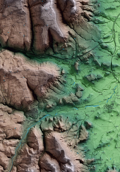 Mapa artístico del relieve de Gurb, a Osona, con 15 km de entorno y base topográfica ICGC. Detalle de la zona inferior izquierda.