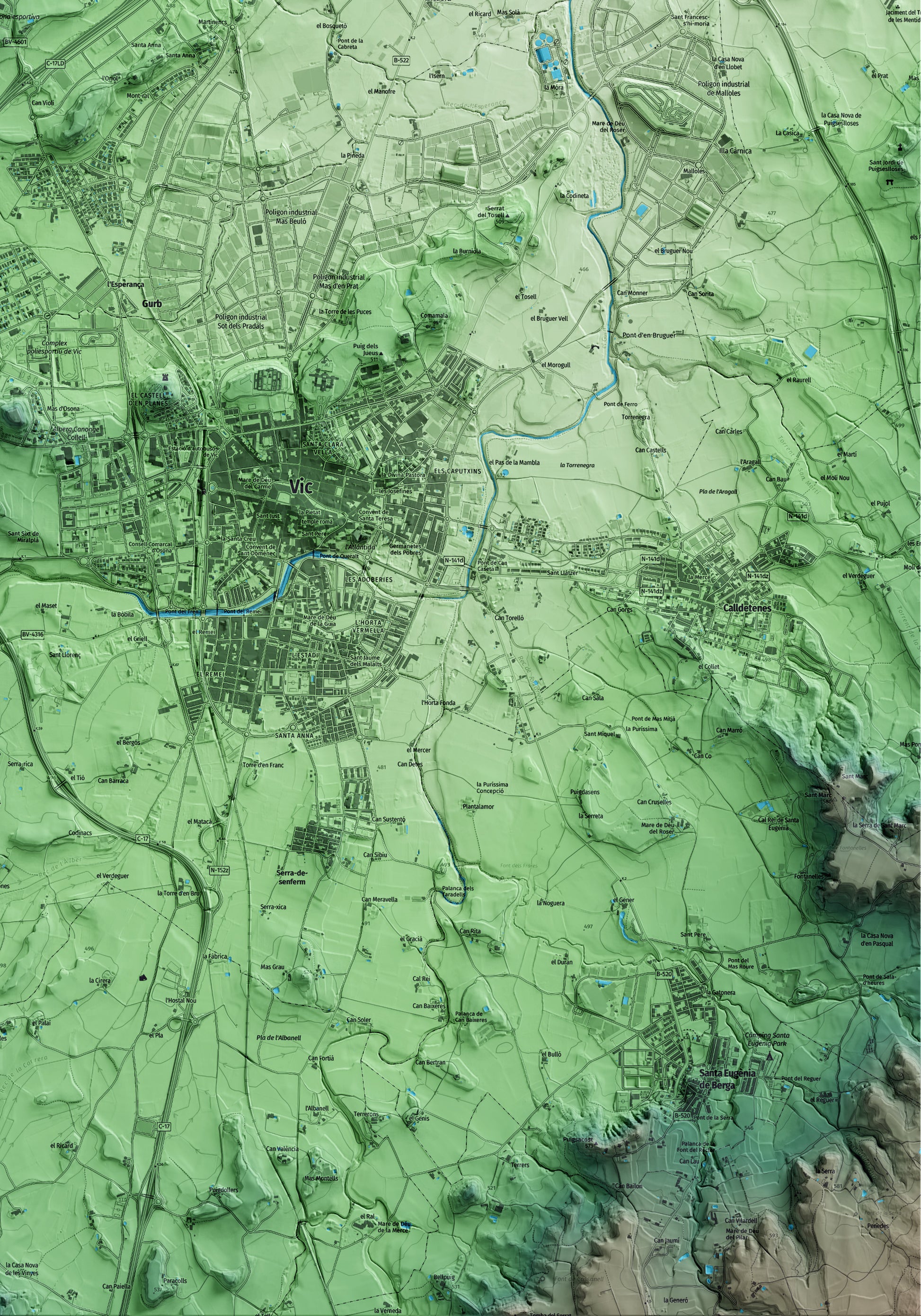 Mapa artístico del relieve de Gurb, a Osona, con 15 km de entorno y base topográfica ICGC. Detalle de la zona inferior derecha.