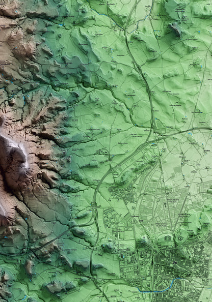 Mapa artístico del relieve de Gurb, a Osona, con 15 km de entorno y base topográfica ICGC. Detalle de la zona central.