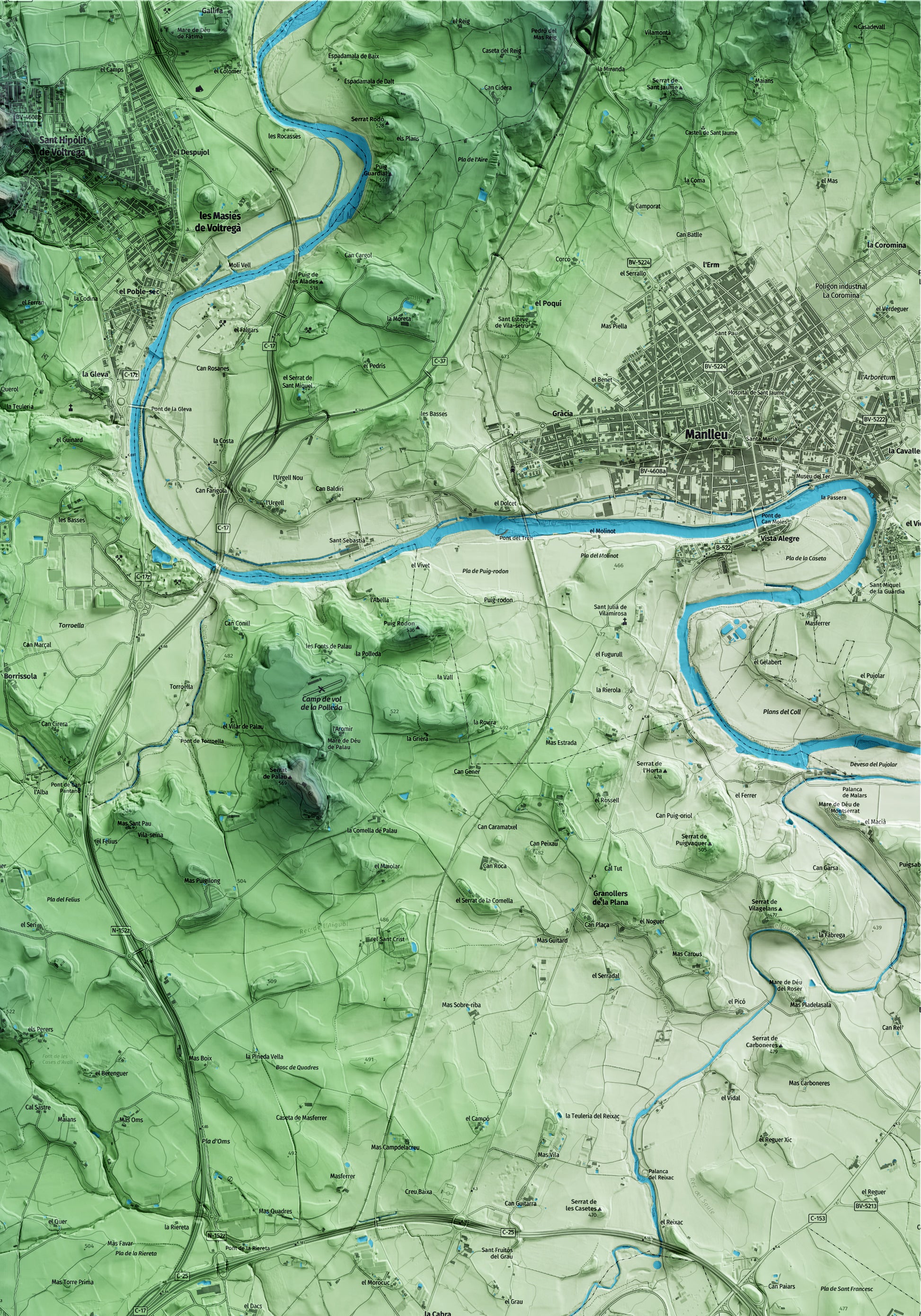 Mapa artístico del relieve de Gurb, a Osona, con 15 km de entorno y base topográfica ICGC. Detalle de la zona superior derecha.