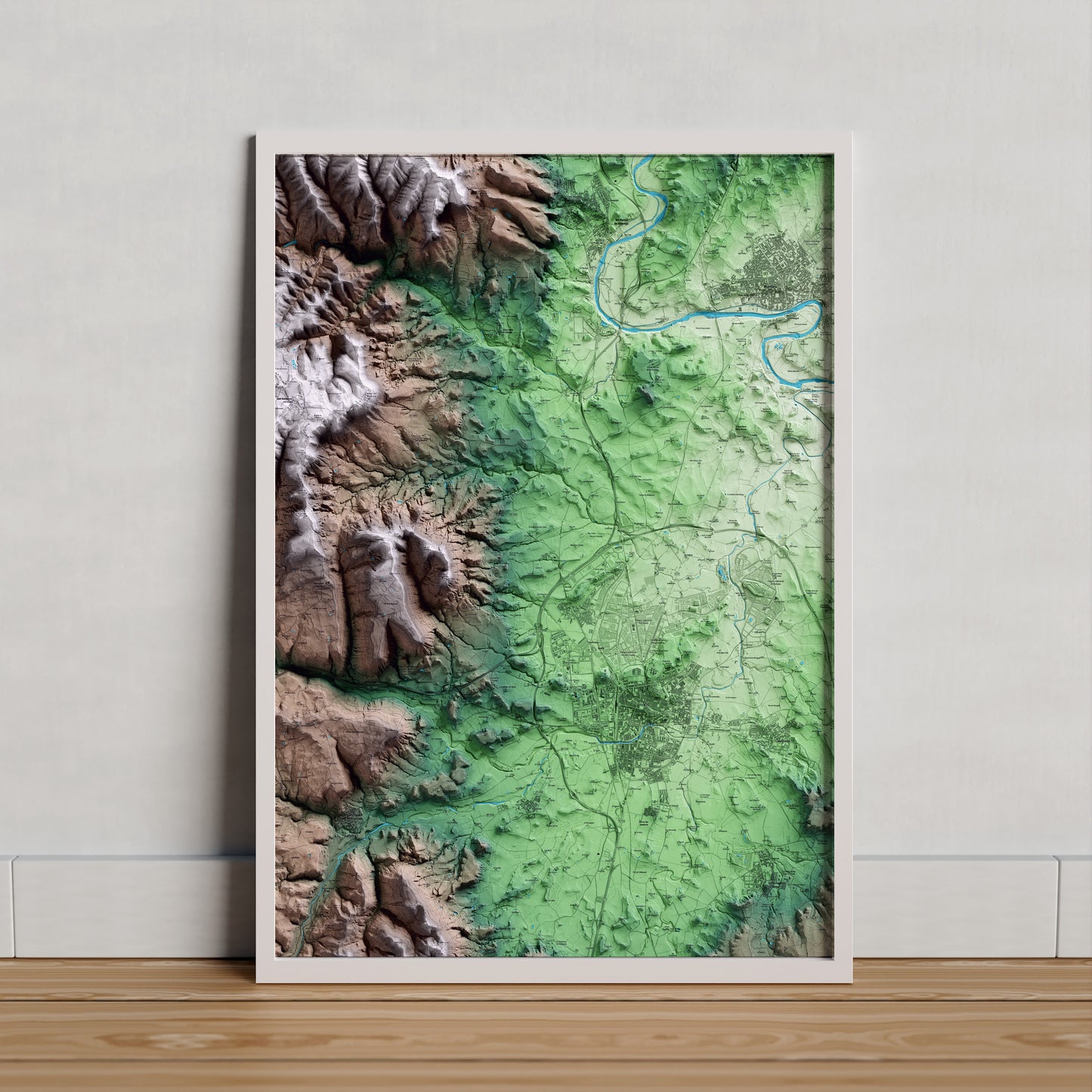Mapa artístico del relieve de Gurb, a Osona, con 15 km de entorno y base topográfica ICGC. Presentación enmarcada.