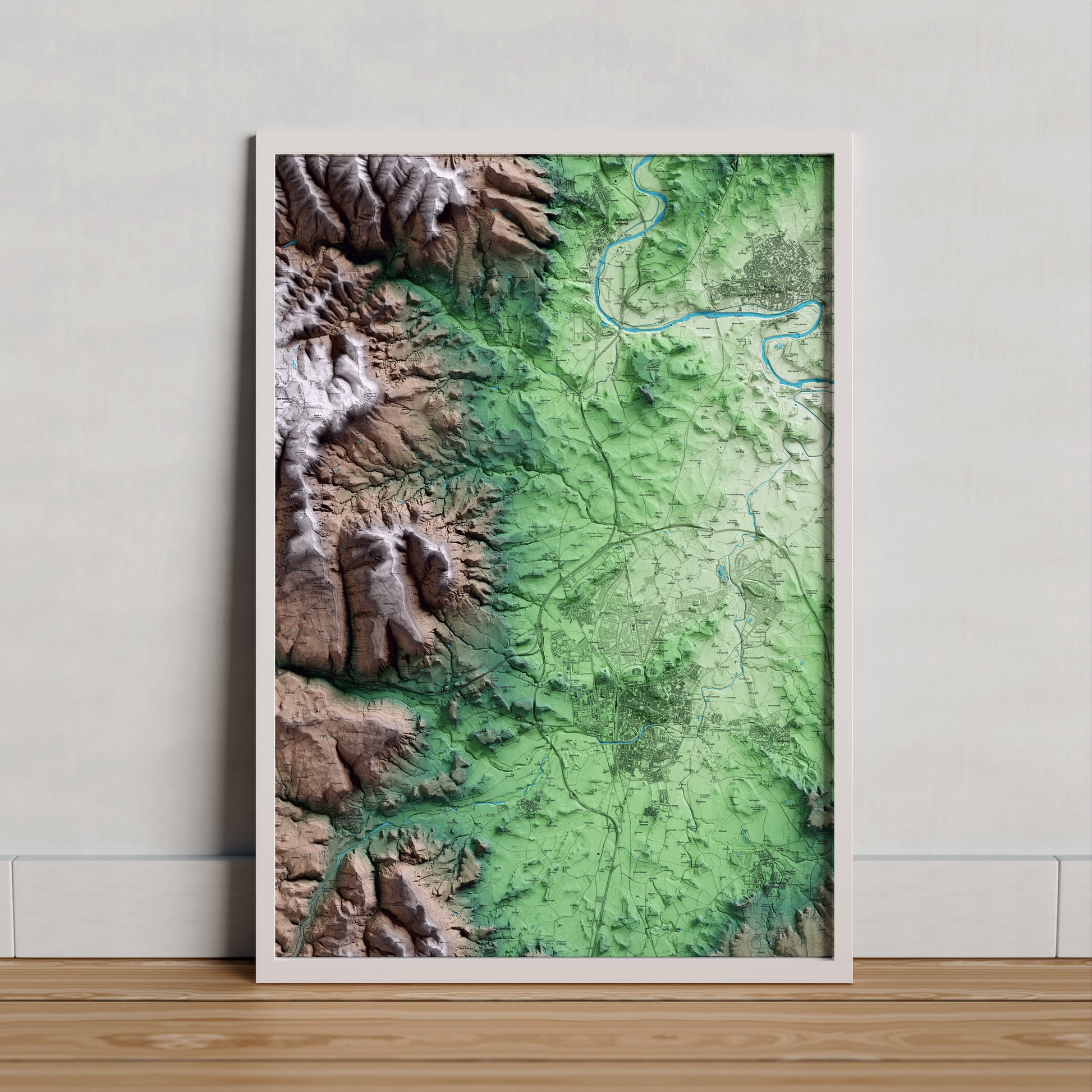 Mapa artístico del relieve de Gurb, a Osona, con 15 km de entorno y base topográfica ICGC. Presentación enmarcada.