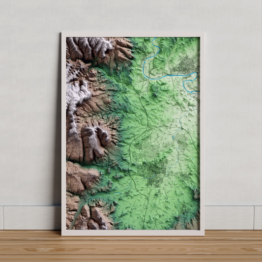 Mapa artístico del relieve de Gurb, a Osona, con 15 km de entorno y base topográfica ICGC. Presentación enmarcada.