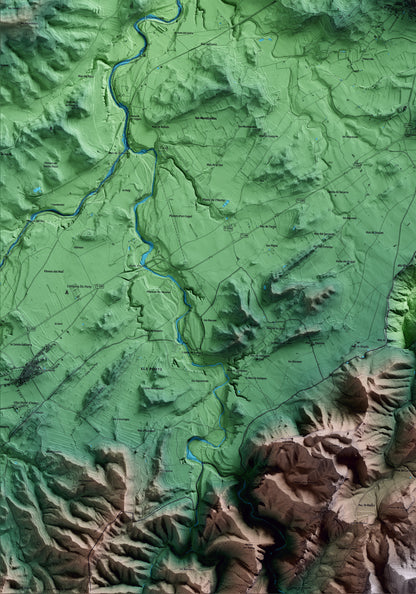 Mapa artístico del relieve de Horta de Sant Joan, a la Terra Alta, con 15 km de entorno y base topográfica ICGC. Detalle de la zona inferior izquierda.