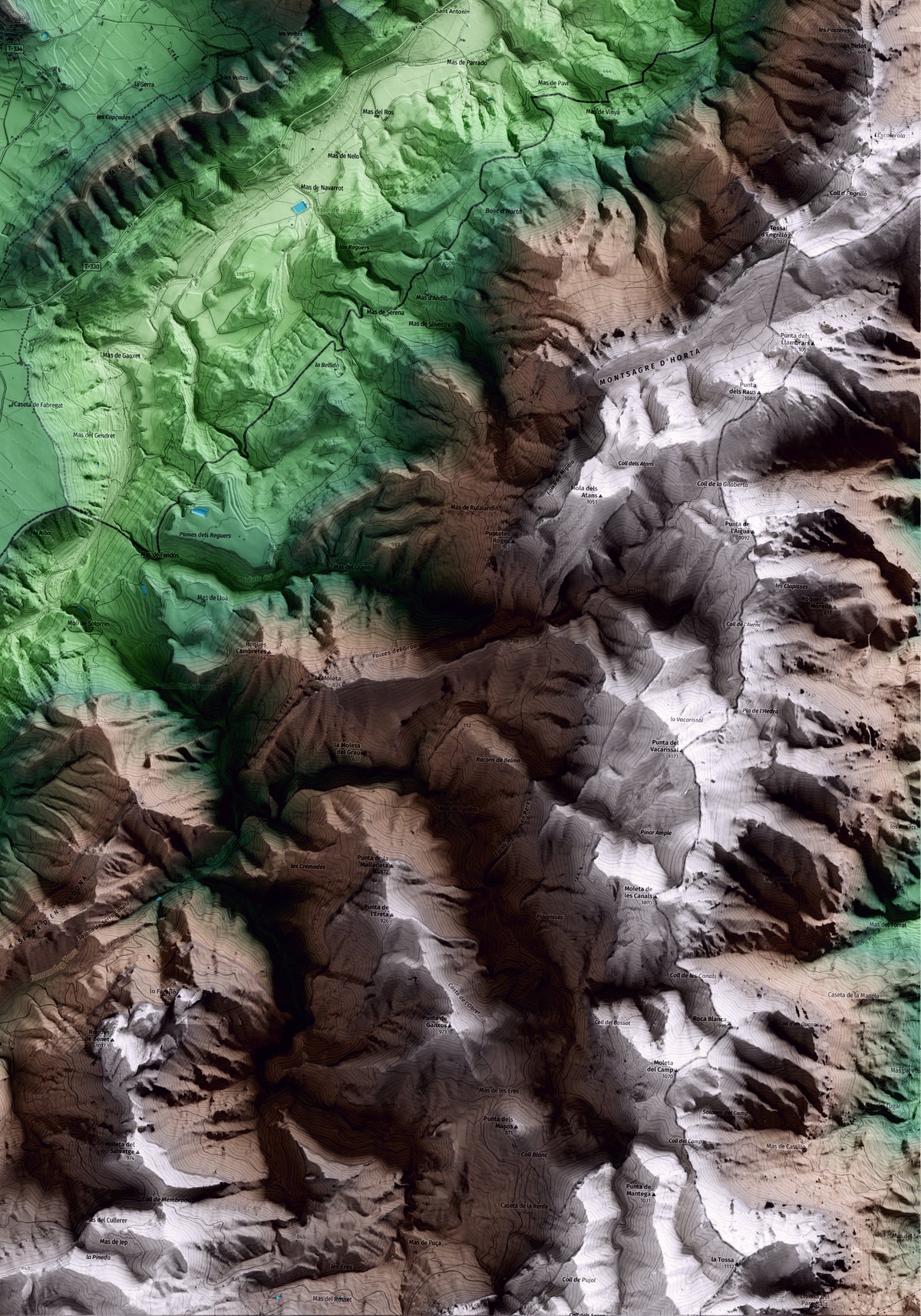Mapa artístico del relieve de Horta de Sant Joan, a la Terra Alta, con 15 km de entorno y base topográfica ICGC. Detalle de la zona inferior derecha.
