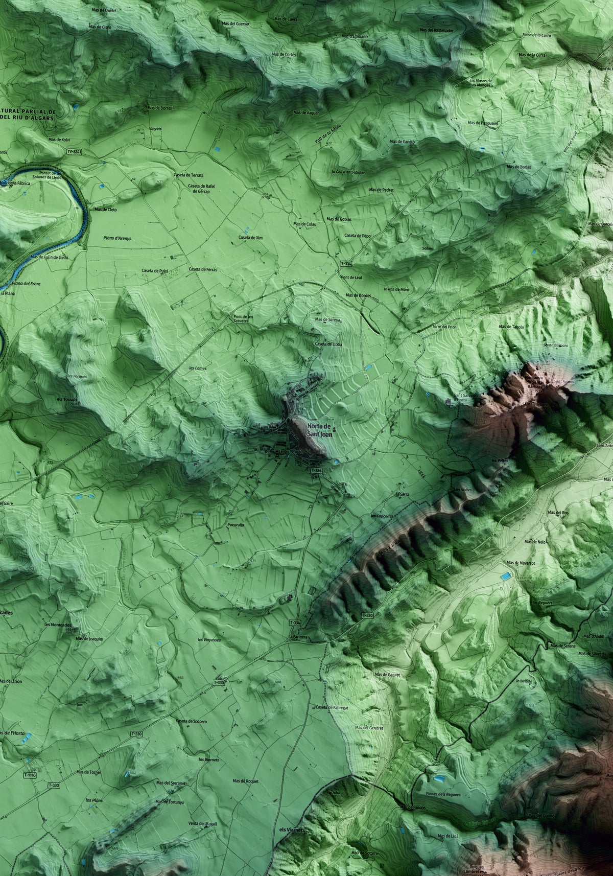 Mapa artístico del relieve de Horta de Sant Joan, a la Terra Alta, con 15 km de entorno y base topográfica ICGC. Detalle de la zona central.