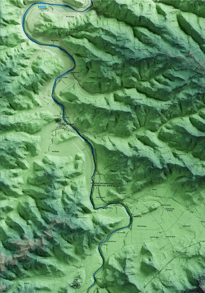 Mapa artístico del relieve de Horta de Sant Joan, a la Terra Alta, con 15 km de entorno y base topográfica ICGC. Detalle de la zona superior izquierda.