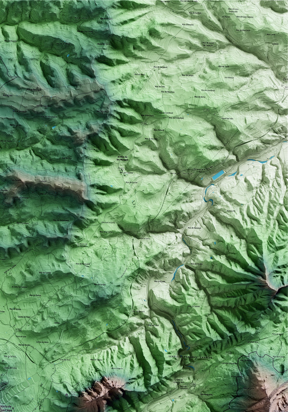 Mapa artístico del relieve de Horta de Sant Joan, a la Terra Alta, con 15 km de entorno y base topográfica ICGC. Detalle de la zona superior derecha.