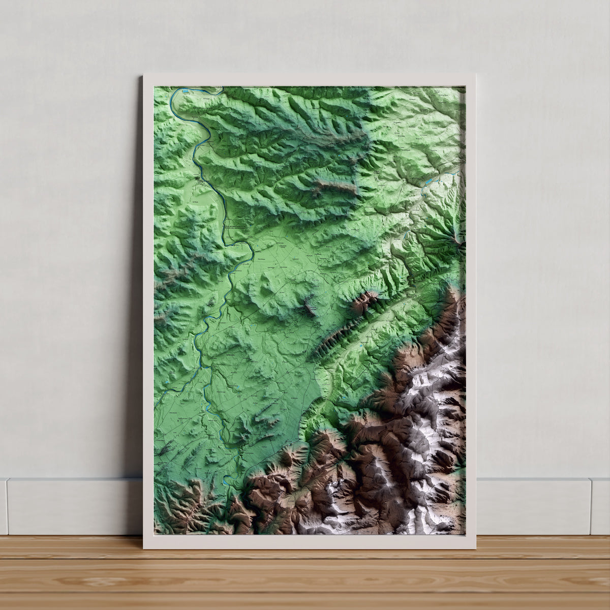 Mapa artístico del relieve de Horta de Sant Joan, a la Terra Alta, con 15 km de entorno y base topográfica ICGC. Presentación enmarcada.