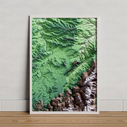 Mapa artístico del relieve de Horta de Sant Joan, a la Terra Alta, con 15 km de entorno y base topográfica ICGC. Presentación enmarcada.