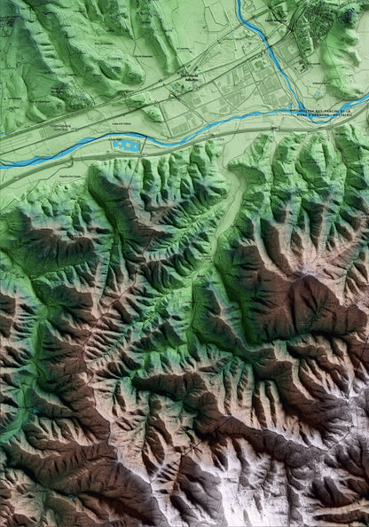 Mapa artístico del relieve de Hostalric, a la Selva, con 15 km de entorno y base topográfica ICGC. Detalle de la zona inferior izquierda.