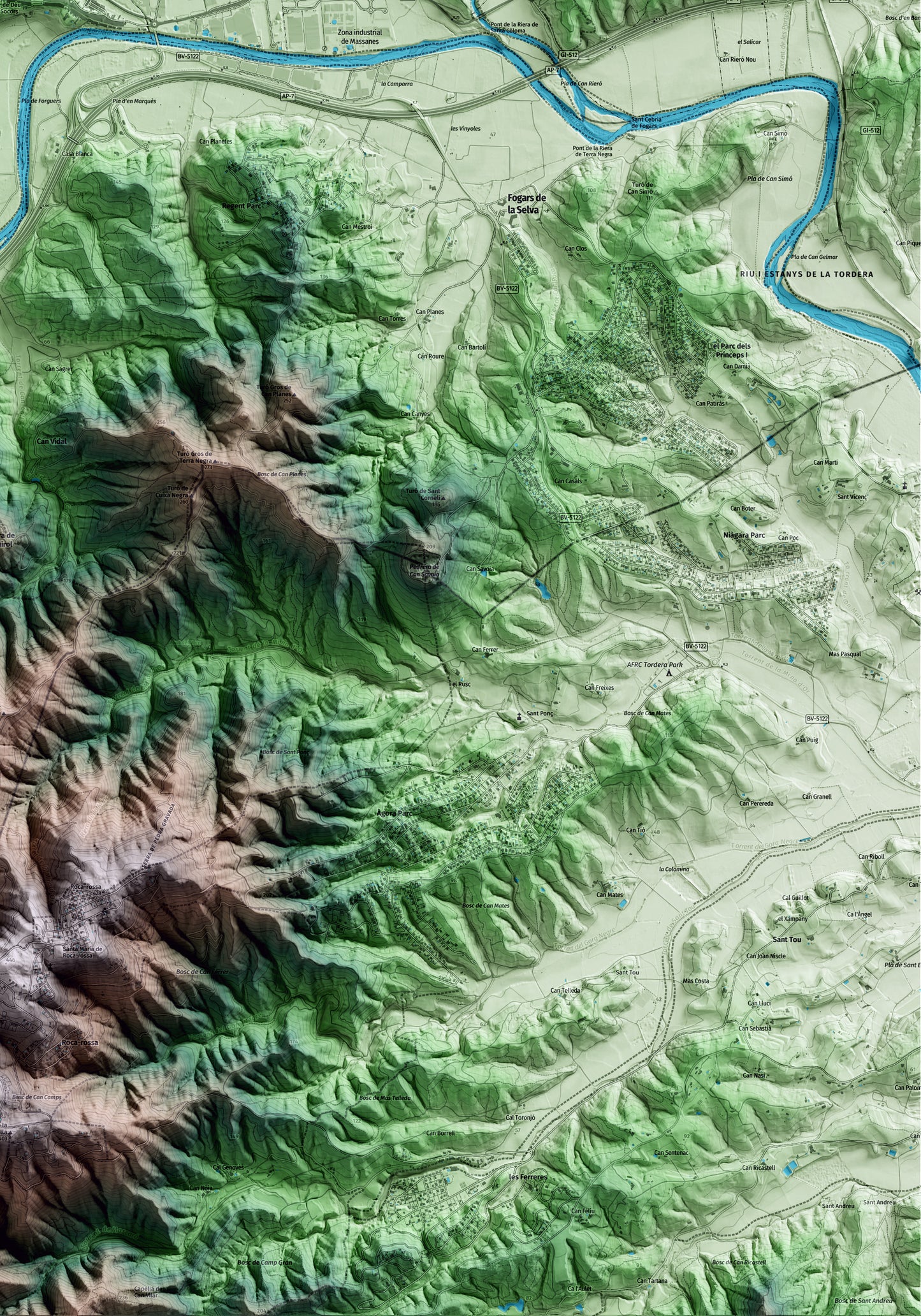 Mapa artístico del relieve de Hostalric, a la Selva, con 15 km de entorno y base topográfica ICGC. Detalle de la zona inferior derecha.