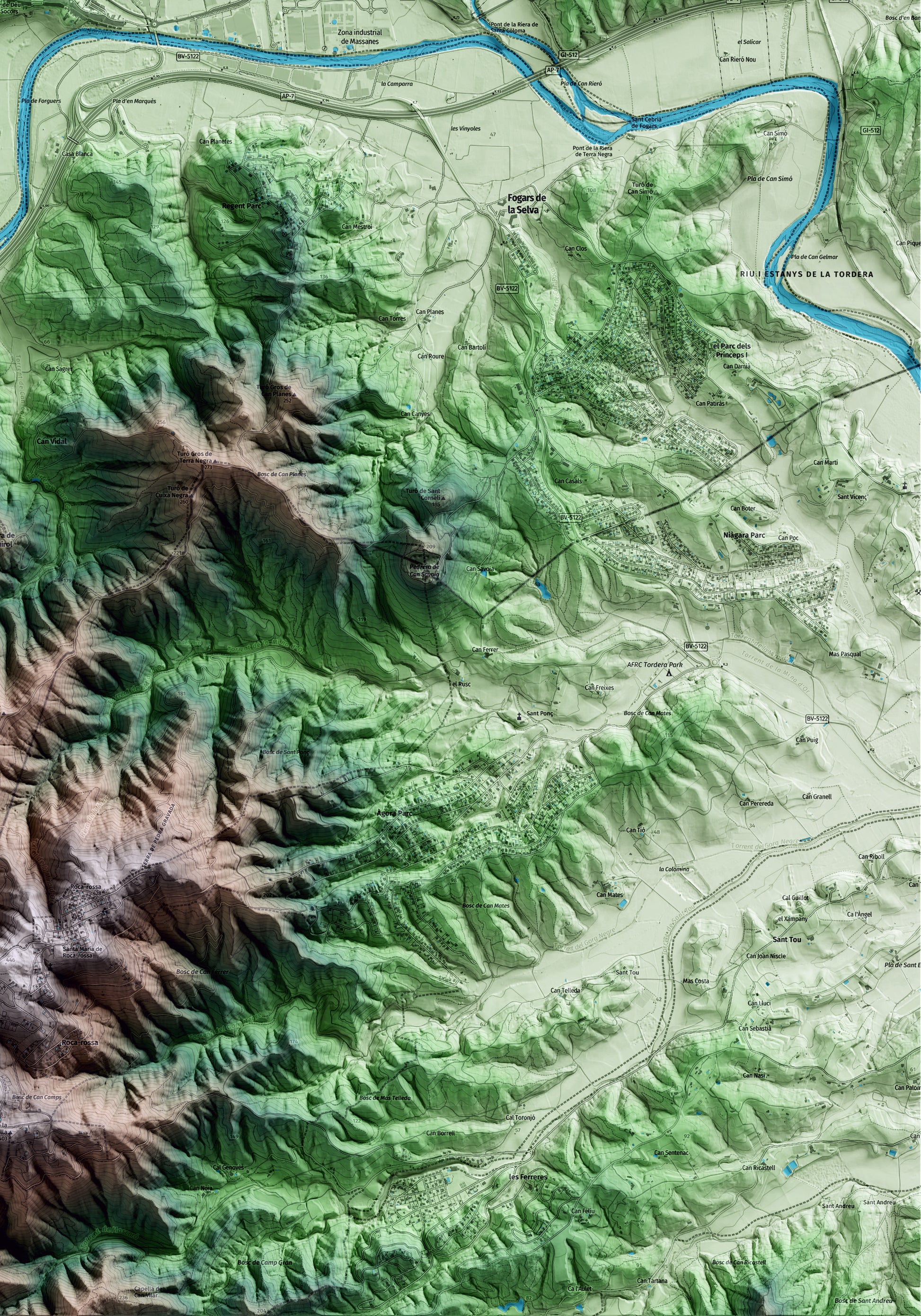 Mapa artístico del relieve de Hostalric, a la Selva, con 15 km de entorno y base topográfica ICGC. Detalle de la zona inferior derecha.
