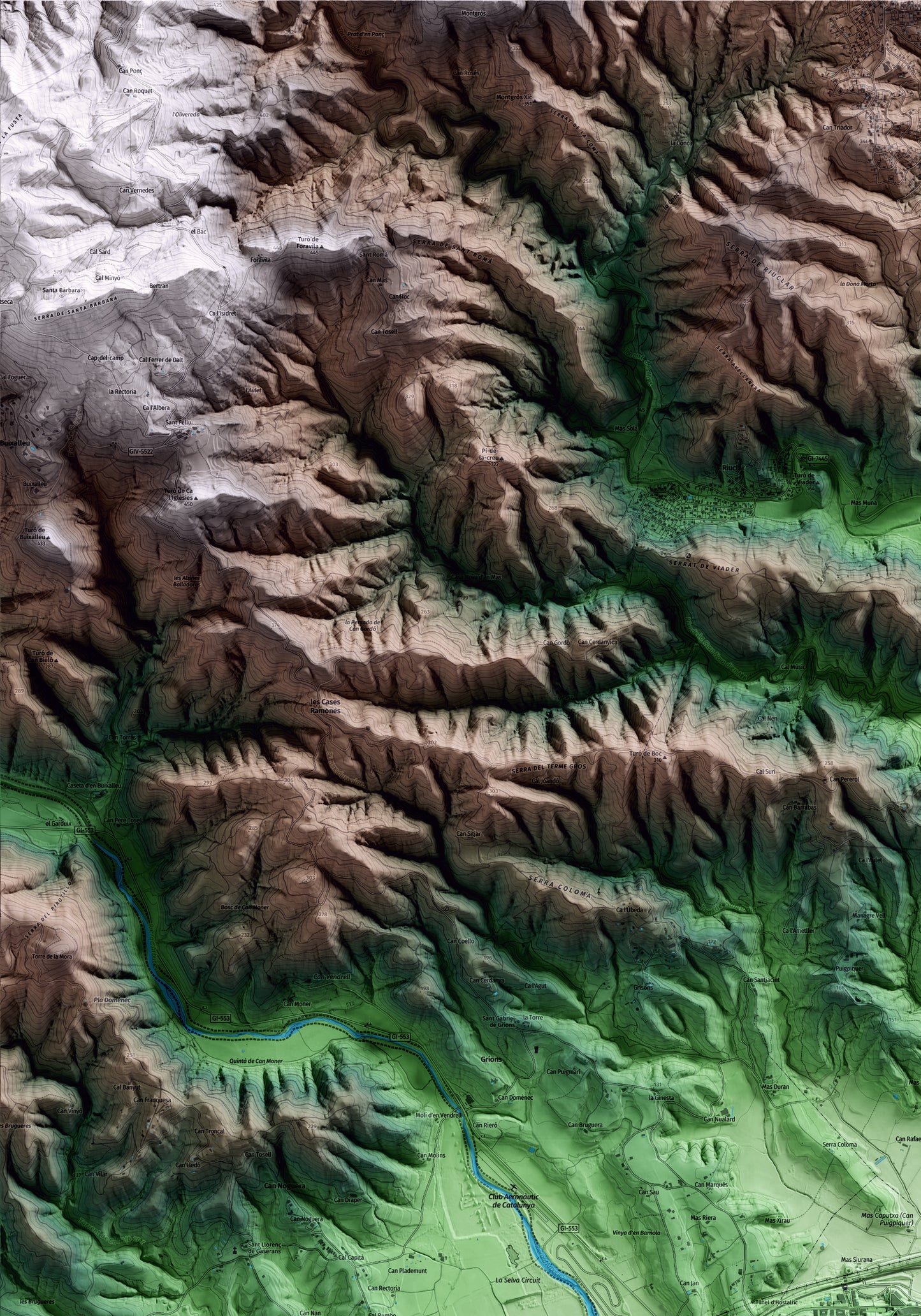 Mapa artístico del relieve de Hostalric, a la Selva, con 15 km de entorno y base topográfica ICGC. Detalle de la zona superior izquierda.