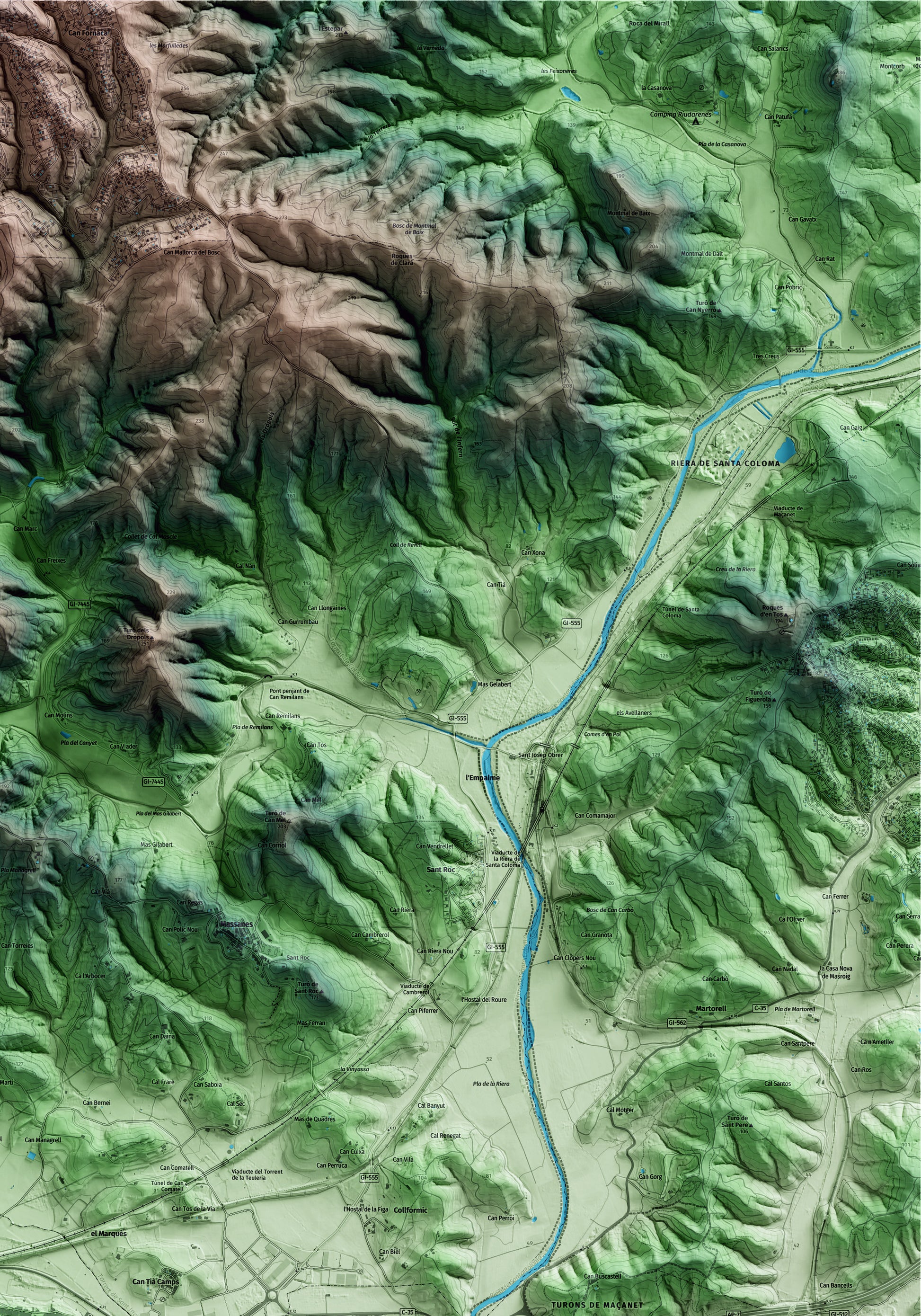 Mapa artístico del relieve de Hostalric, a la Selva, con 15 km de entorno y base topográfica ICGC. Detalle de la zona superior derecha.