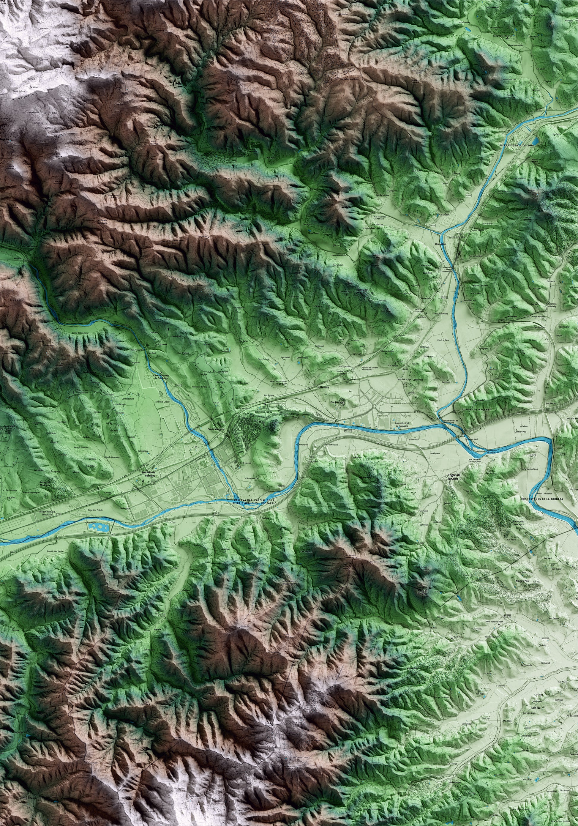 Mapa artístico del relieve de Hostalric, a la Selva, con 15 km de entorno y base topográfica ICGC