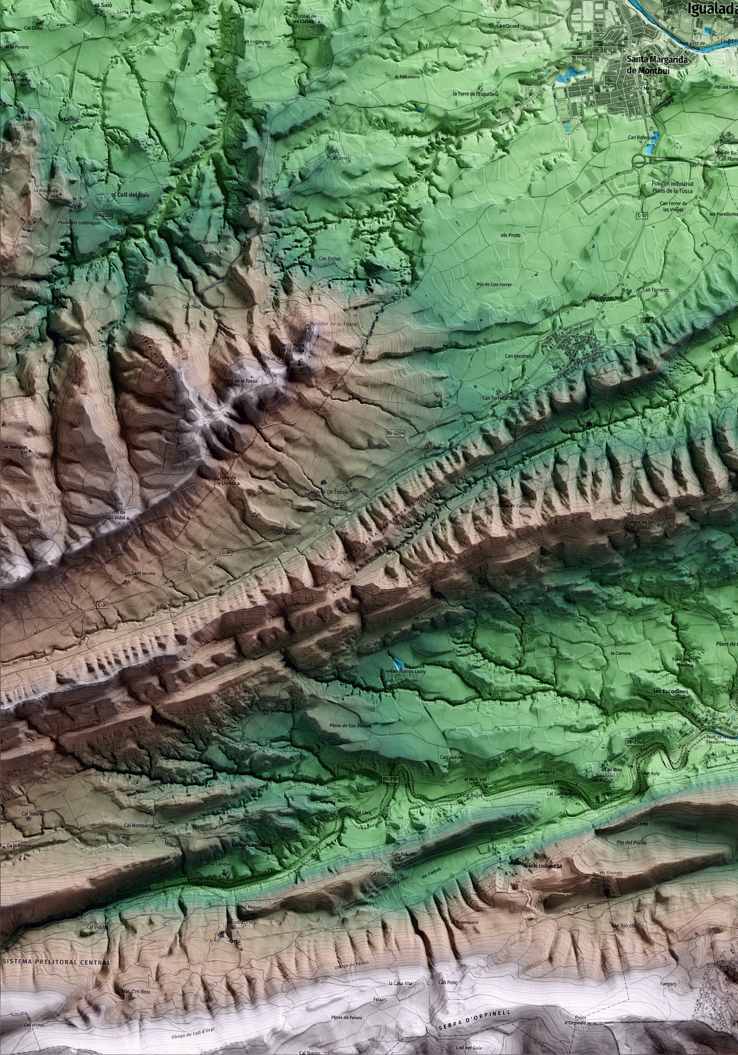 Mapa artístico del relieve de Igualada, al Anoia, con 15 km de entorno y base topográfica ICGC. Detalle de la zona inferior izquierda.