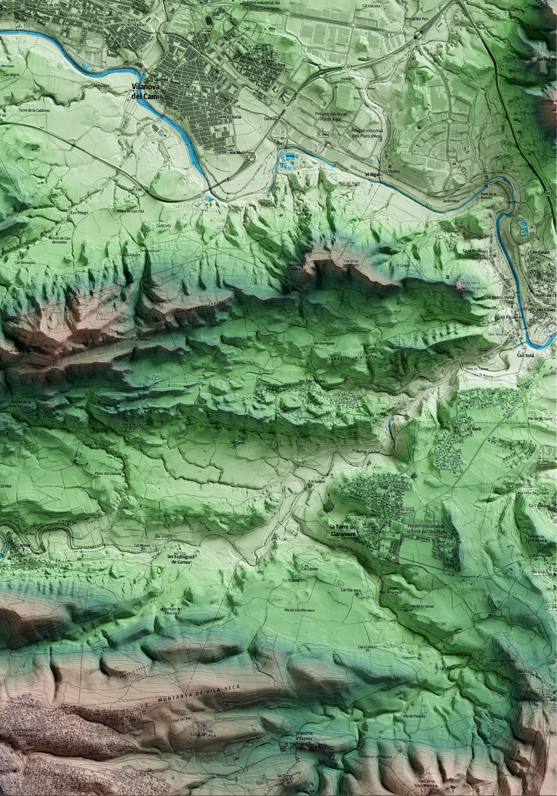 Mapa artístico del relieve de Igualada, al Anoia, con 15 km de entorno y base topográfica ICGC. Detalle de la zona inferior derecha.
