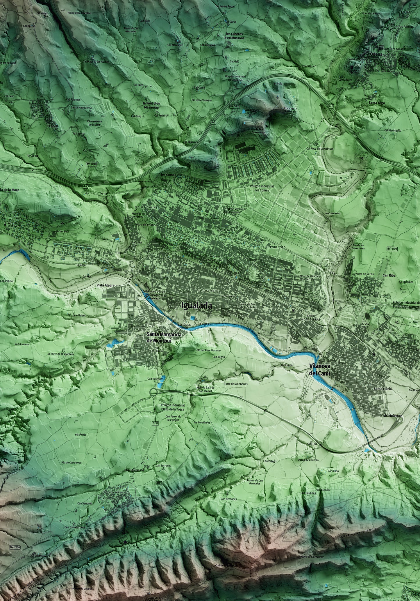 Mapa artístico del relieve de Igualada, al Anoia, con 15 km de entorno y base topográfica ICGC. Detalle de la zona central.
