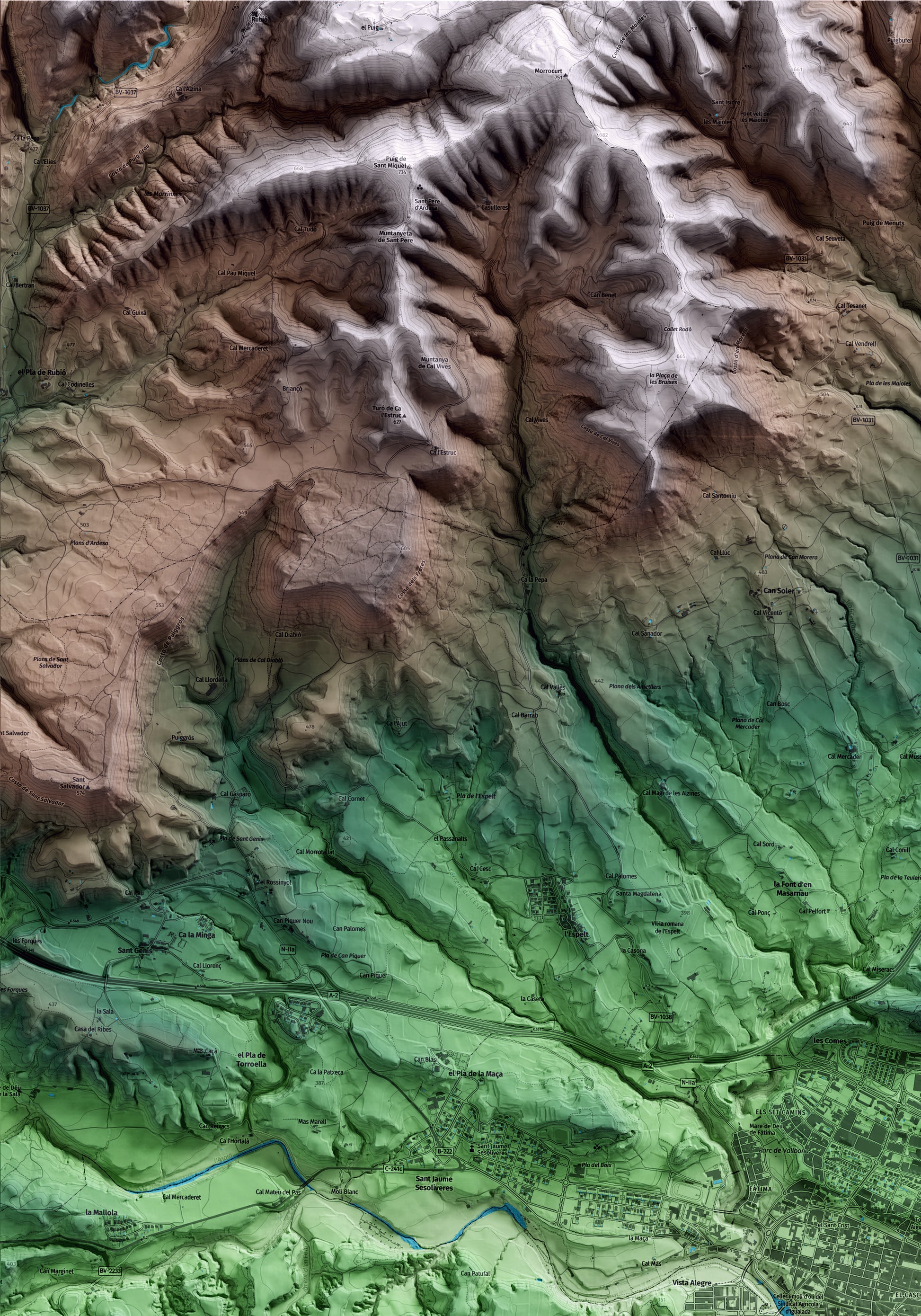 Mapa artístico del relieve de Igualada, al Anoia, con 15 km de entorno y base topográfica ICGC. Detalle de la zona superior izquierda.