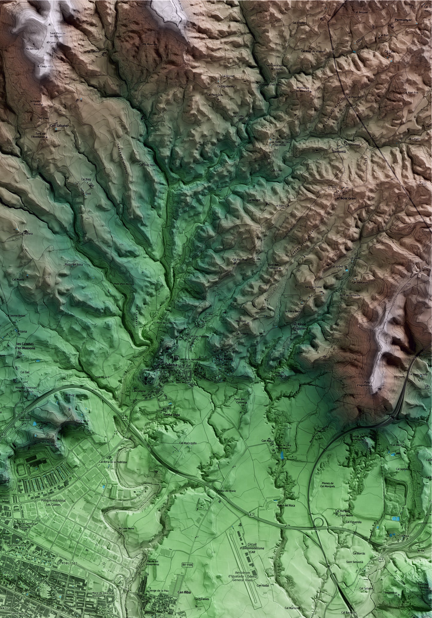 Mapa artístico del relieve de Igualada, al Anoia, con 15 km de entorno y base topográfica ICGC. Detalle de la zona superior derecha.